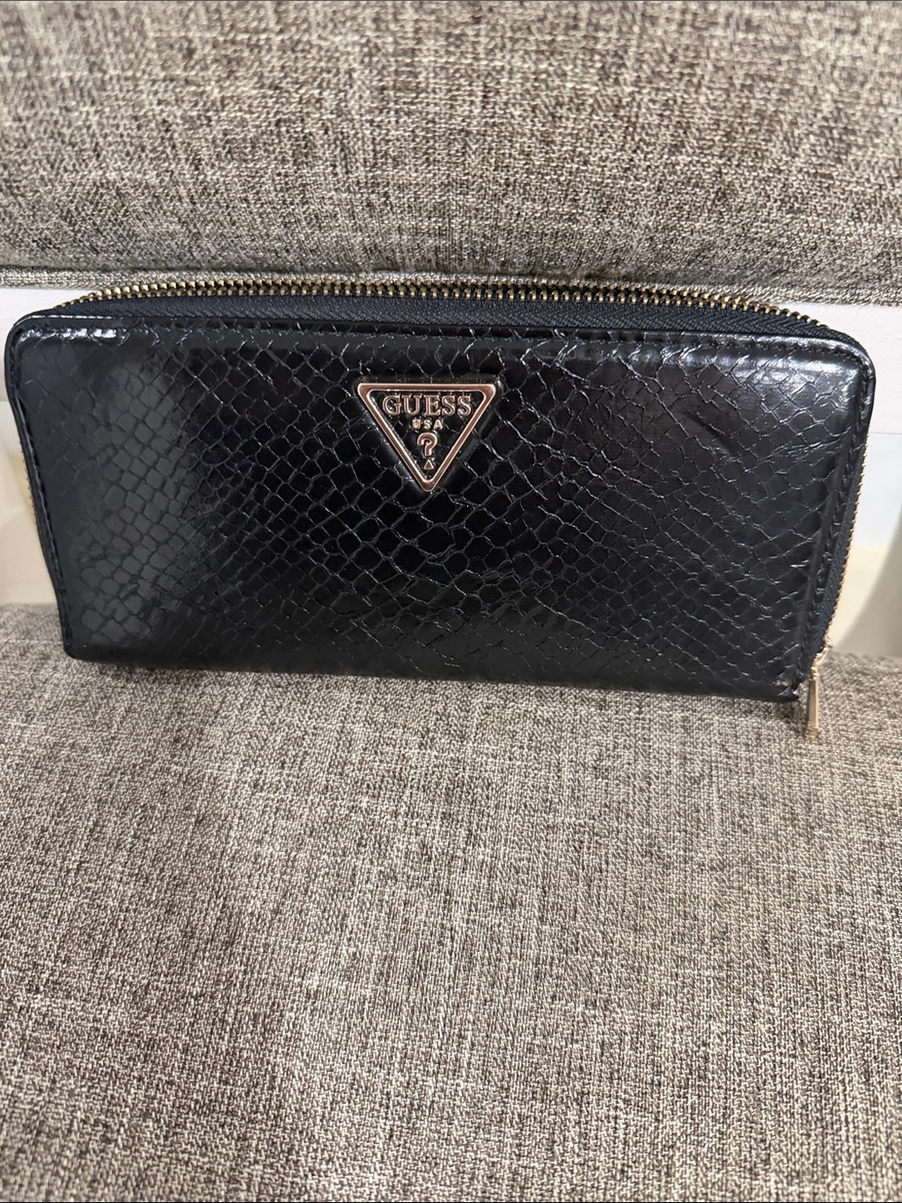 Guess Black Zip-Around Wallet with Gold Hardware